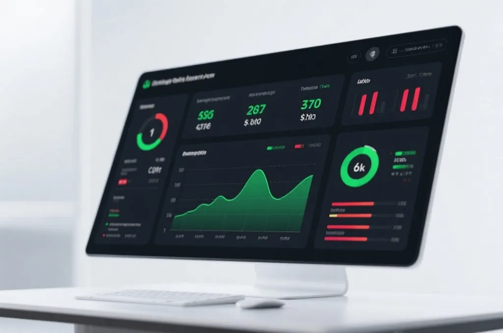A sleek financial data dashboard showing statistics, probability charts, and light warning signals in a clean layout